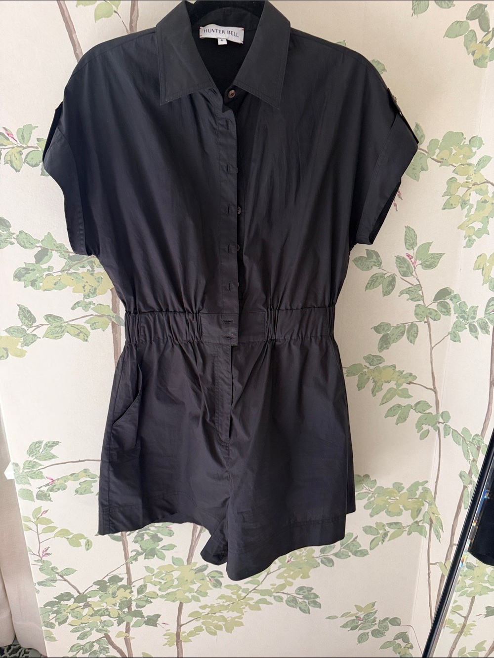 HUNTER BELL Black Short Sleeve Button Romper with Elastic Waist
